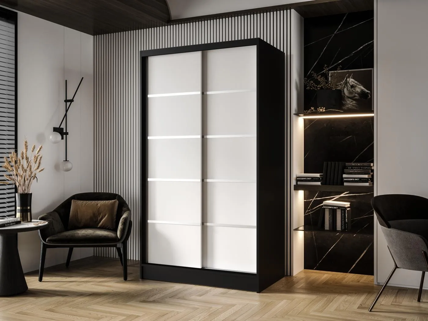 Zweitüriger Schiebeschrank DETROIT D4, Regalböden und Kleiderstange (Schwarz/Weiß)