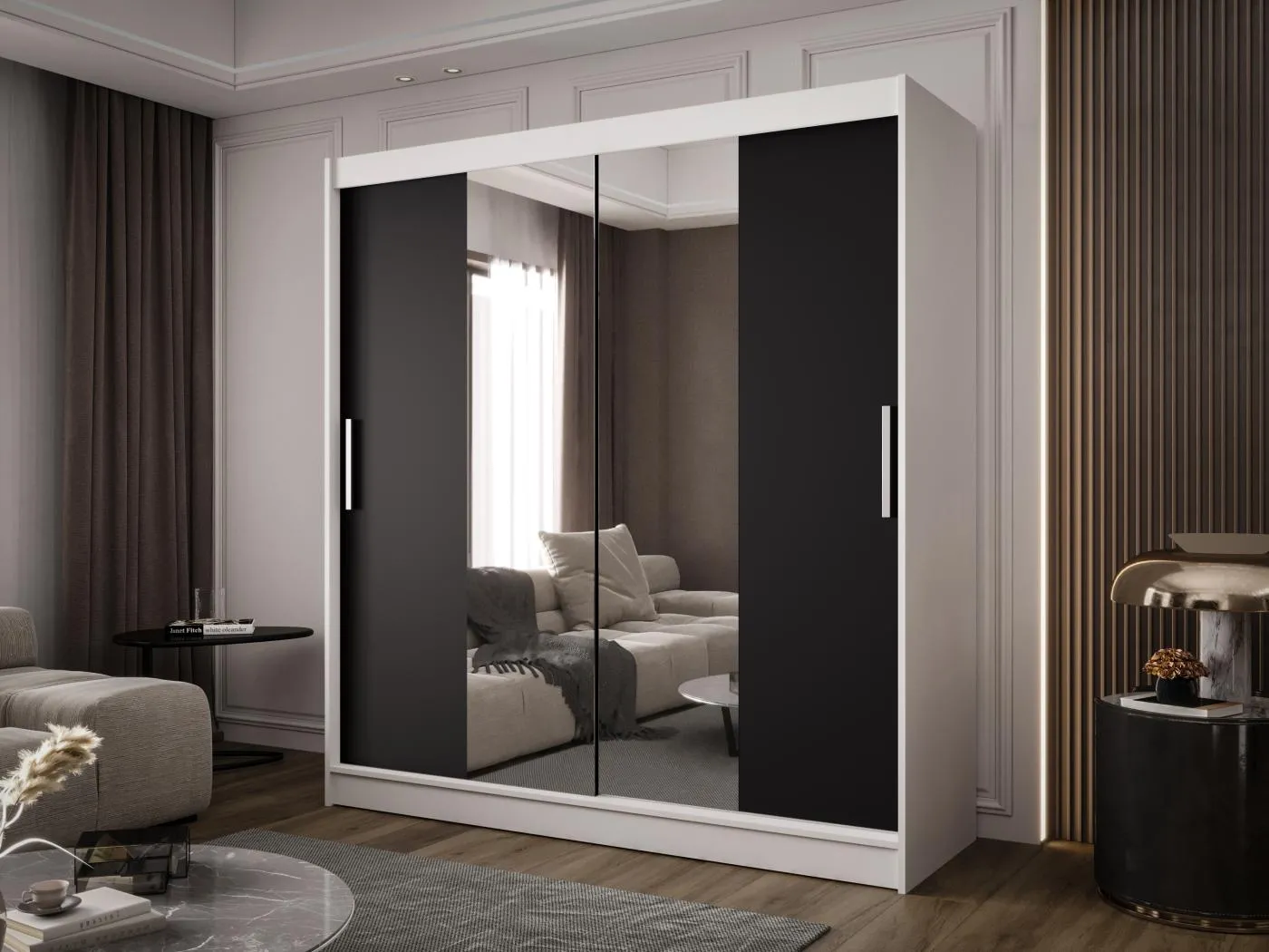 Zweitüriger Schiebeschrank mit Spiegel BALTIMORE B2 Weiß/Schwarz