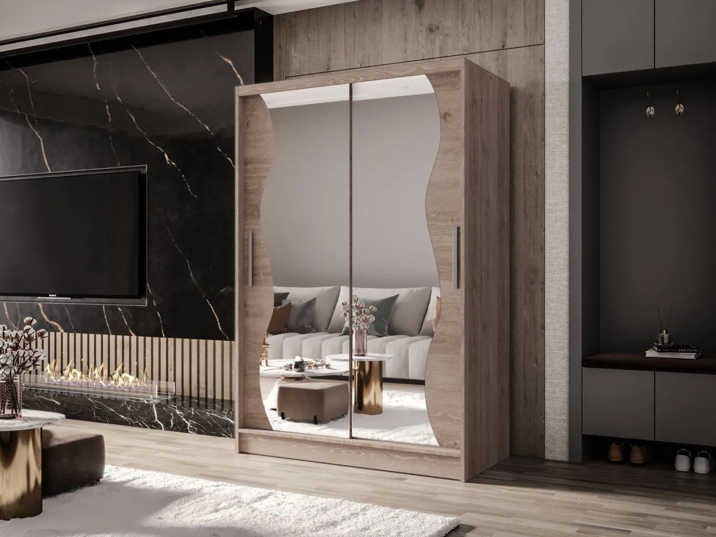 Zweitüriger Schiebeschrank mit Spiegel MESA MS Truffle mit Regalböden und Kleiderstange