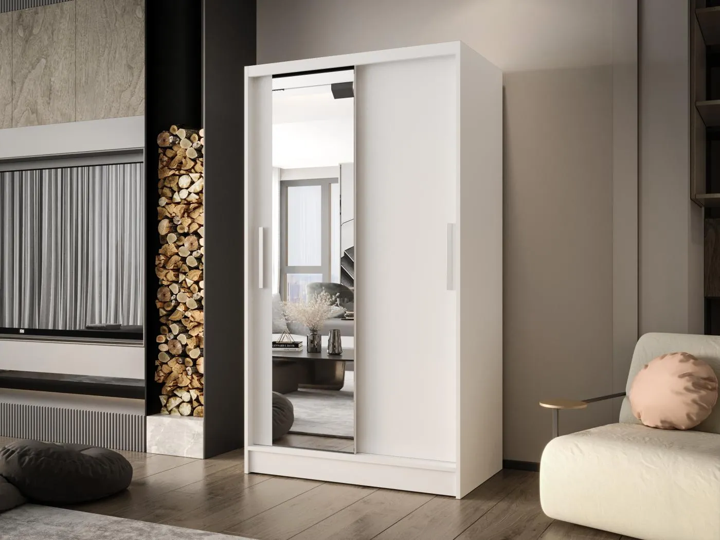 Zweitüriger Schiebeschrank mit Spiegel CHICAGO CA6, Regalböden und Kleiderstange (Weiß)