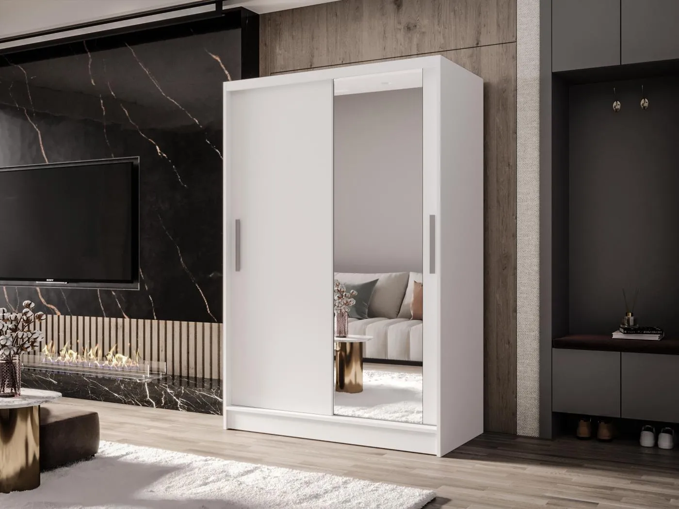 Zweitüriger Schiebeschrank mit Spiegel MESA M6 Weiß mit Regalböden und Kleiderstange