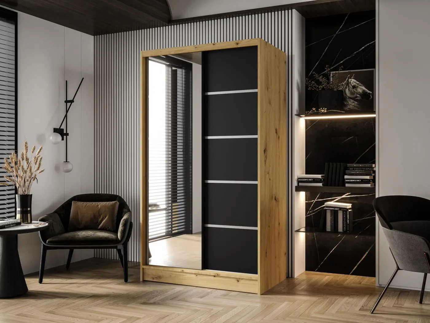 Zweitüriger Schiebeschrank mit Spiegel DETROIT D3, Regalböden und Kleiderstange (Artisan/Schwarz)