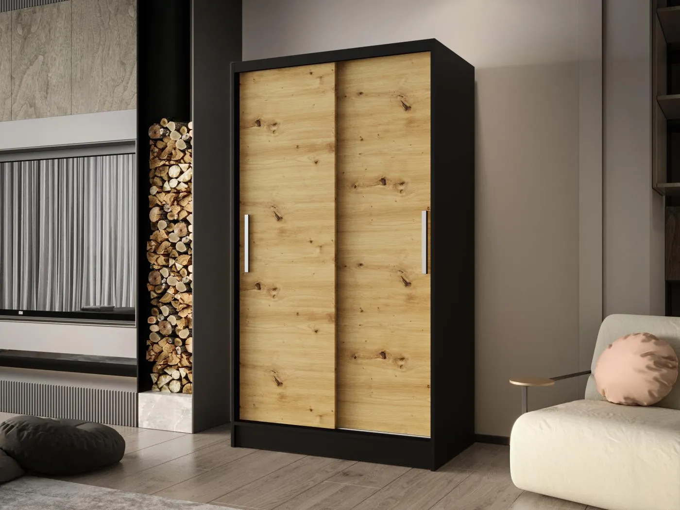 Zweitüriger Schiebeschrank CHICAGO CA1, Regalböden und Kleiderstange (Schwarz/Artisan)