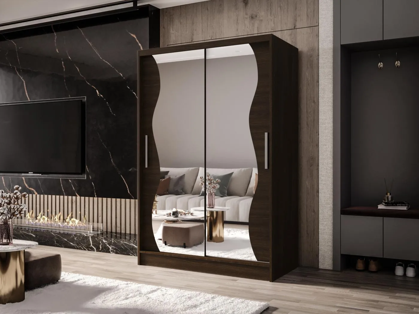 Zweitüriger Schiebeschrank mit Spiegel MESA MS Choco mit Regalböden und Kleiderstange