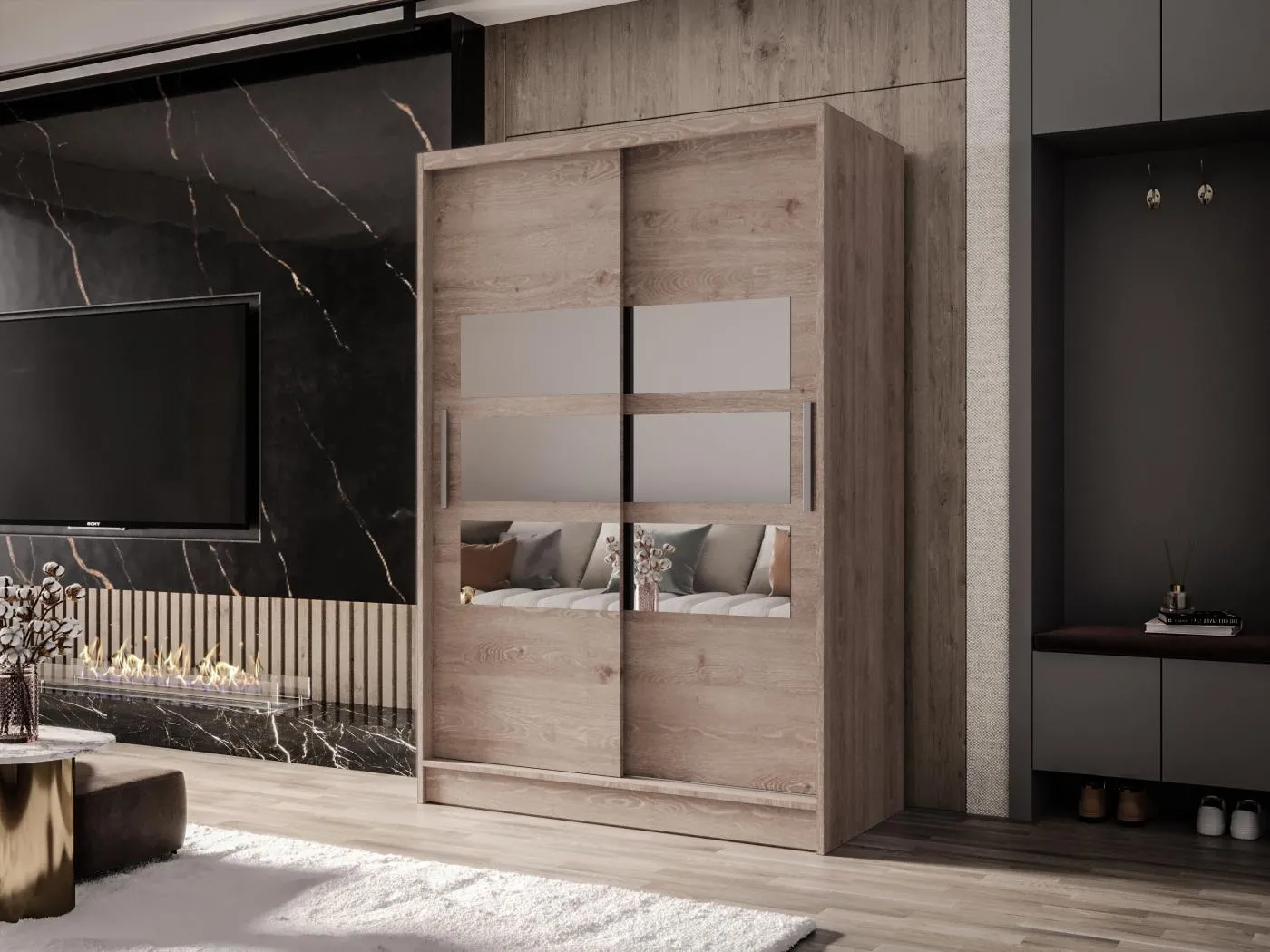 Zweitüriger Schiebeschrank mit Spiegel MESA M5 Truffle mit Regalböden und Kleiderstange