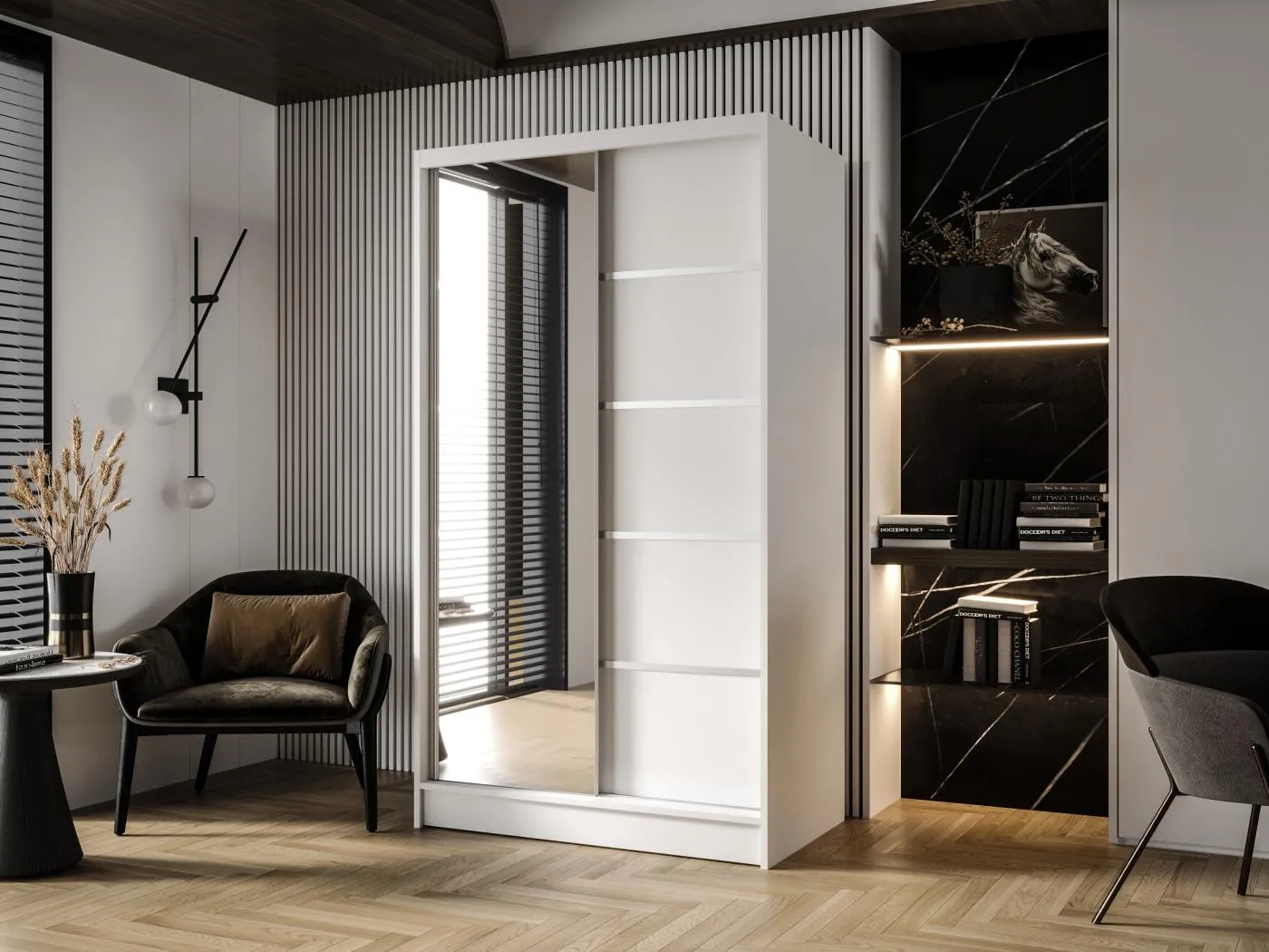 Zweitüriger Schiebeschrank mit Spiegel DETROIT D3, Regalböden und Kleiderstange (Weiß)