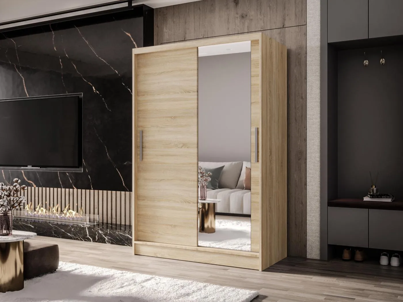 Zweitüriger Schiebeschrank mit Spiegel MESA M6 Sonoma mit Regalböden und Kleiderstange