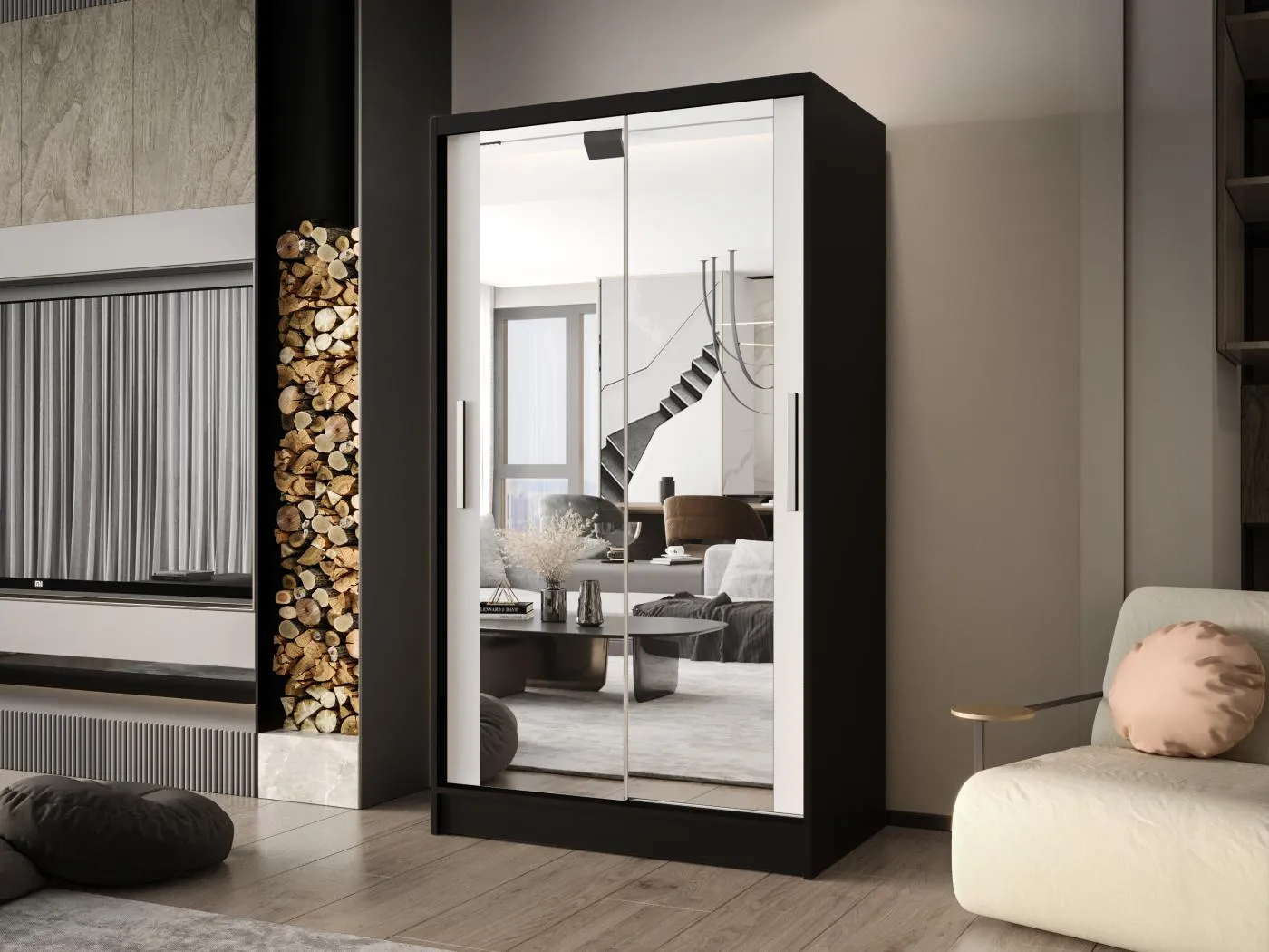 Zweitüriger Schiebeschrank mit Spiegel CHICAGO CA7, Regalböden und Kleiderstange (Schwarz/Weiß)