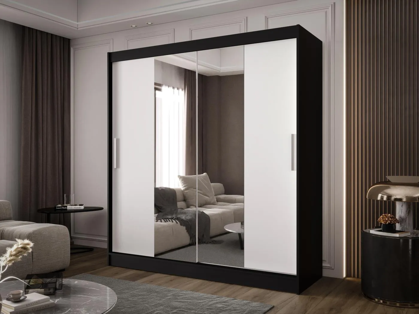 Zweitüriger Schiebeschrank mit Spiegel BALTIMORE B2 Schwarz/Weiß