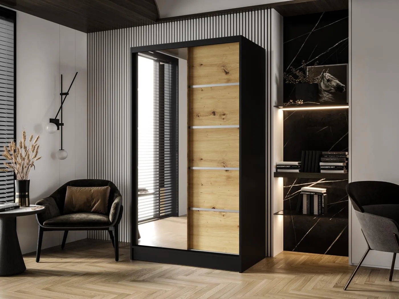 Zweitüriger Schiebeschrank mit Spiegel DETROIT D3, Regalböden und Kleiderstange (Schwarz/Artisan)