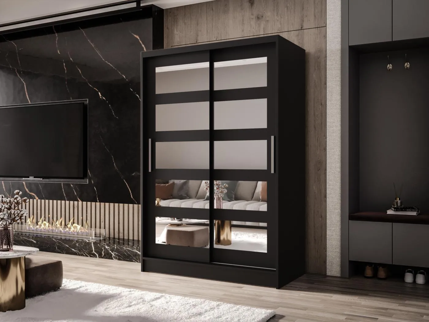 Zweitüriger Schiebeschrank mit Spiegel MESA M4 Schwarz mit Regalböden und Kleiderstange