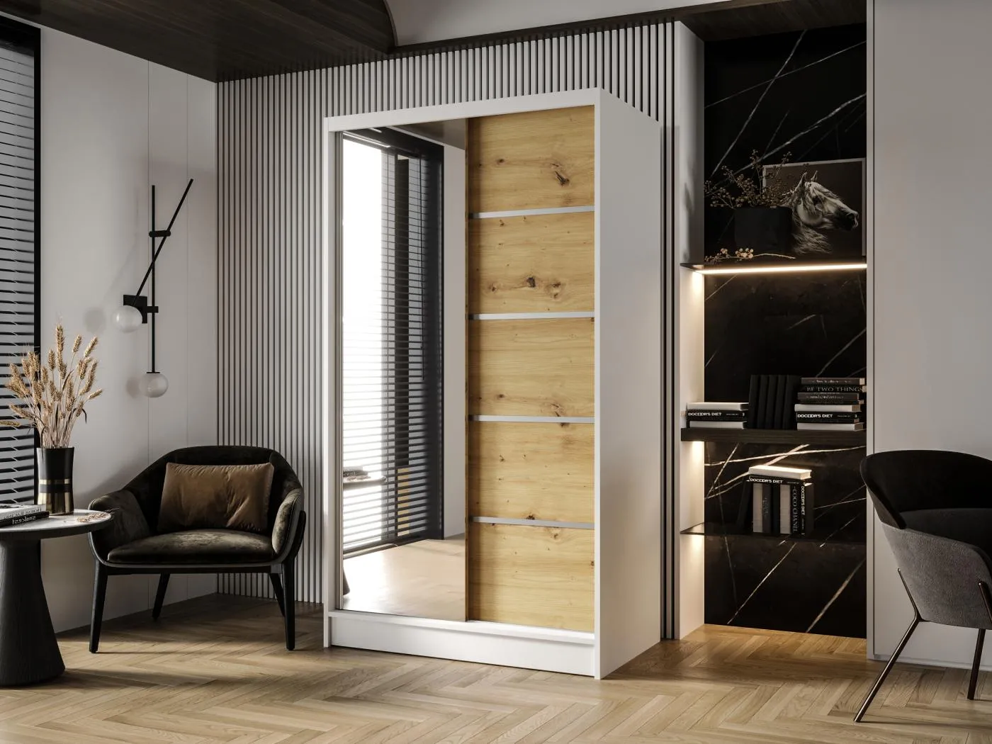 Zweitüriger Schiebeschrank mit Spiegel DETROIT D3, Regalböden und Kleiderstange (Weiß/Artisan)