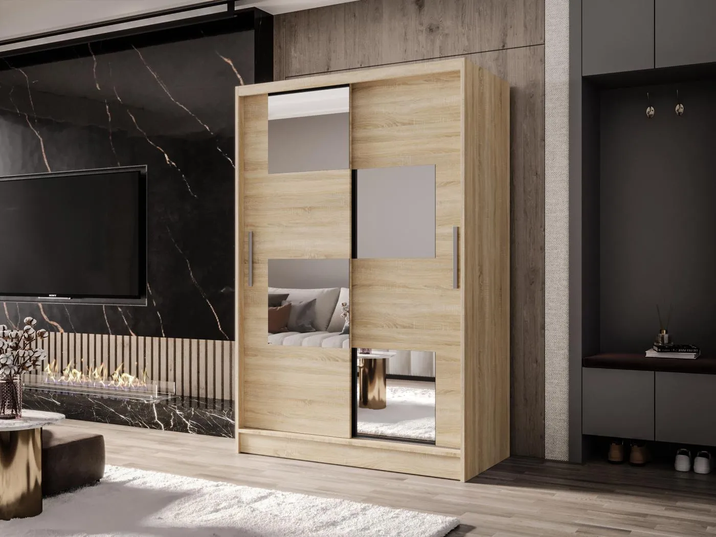 Zweitüriger Schiebeschrank mit Spiegel MESA M3 Sonoma mit Regalböden und Kleiderstange