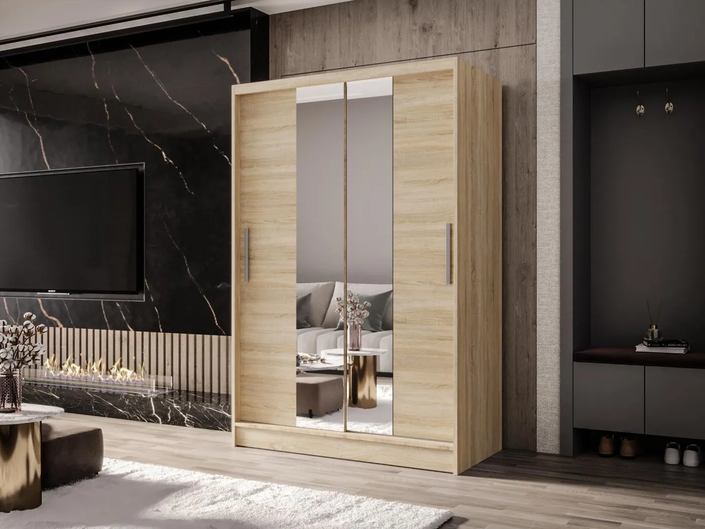 Zweitüriger Schiebeschrank mit Spiegel MESA M2 Sonoma mit Regalböden und Kleiderstange