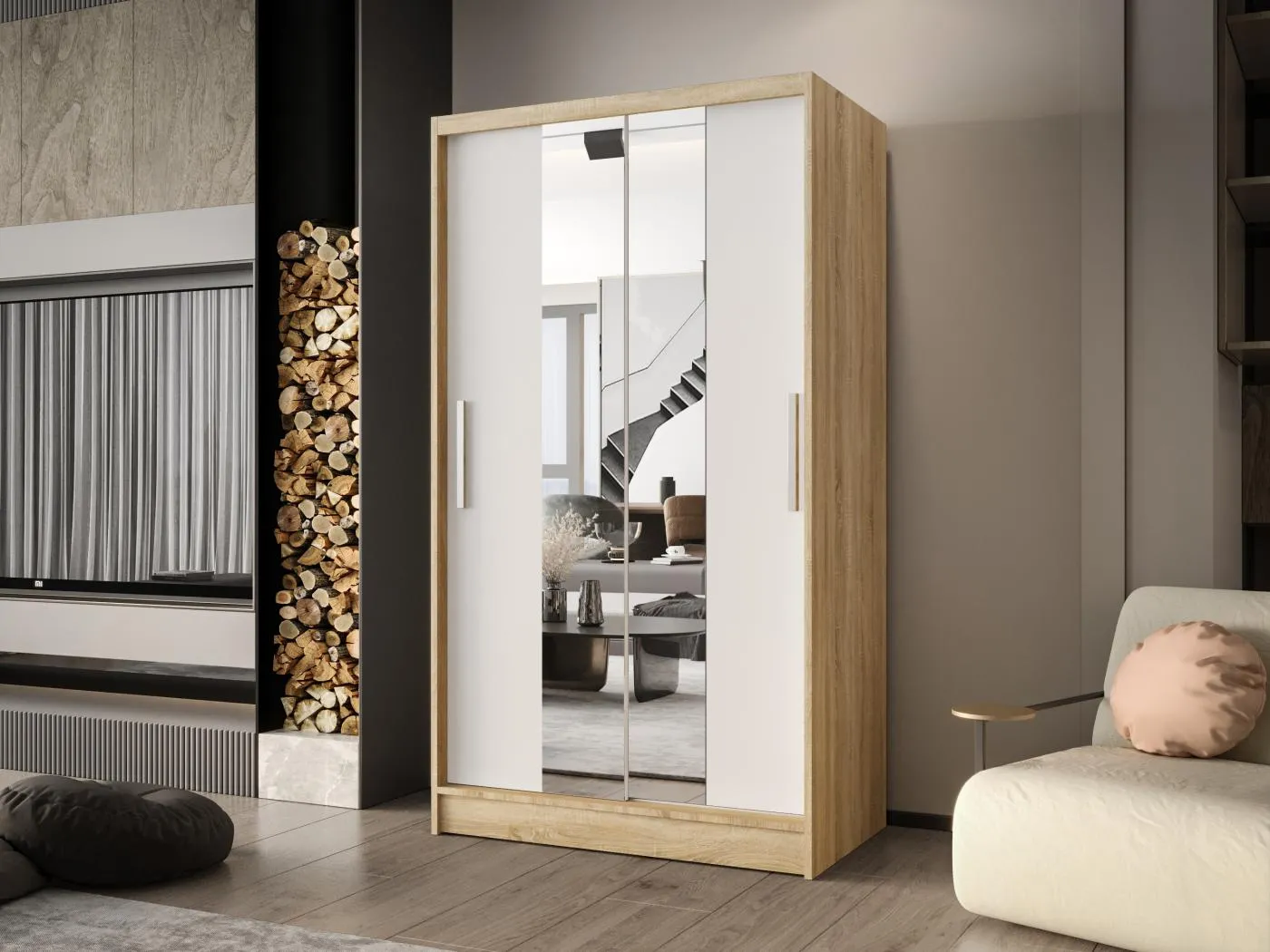 Zweitüriger Schiebeschrank mit Spiegel CHICAGO CA2, Regalböden und Kleiderstange (Sonoma/Weiß)