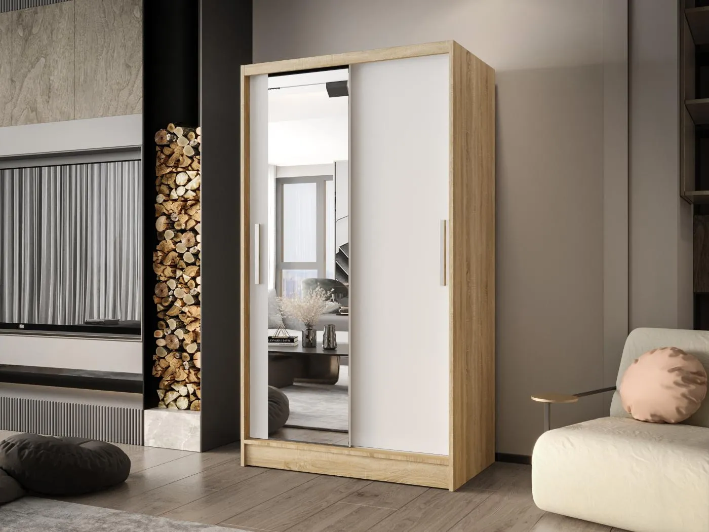 Zweitüriger Schiebeschrank mit Spiegel CHICAGO CA6, Regalböden und Kleiderstange (Sonoma/Weiß)