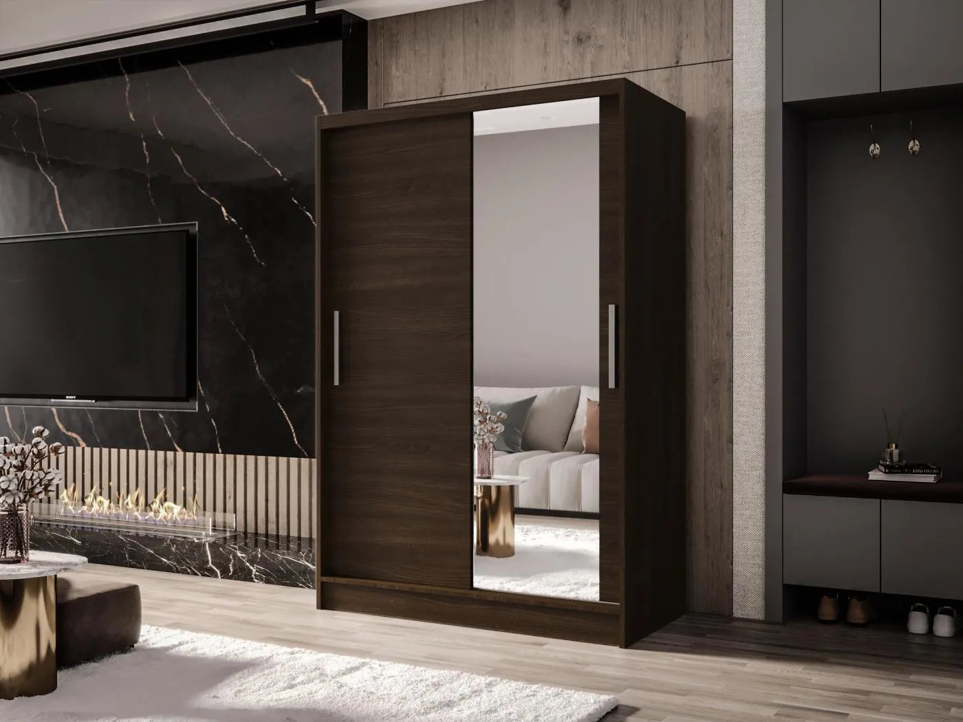 Zweitüriger Schiebeschrank mit Spiegel MESA M6 Choco mit Regalböden und Kleiderstange