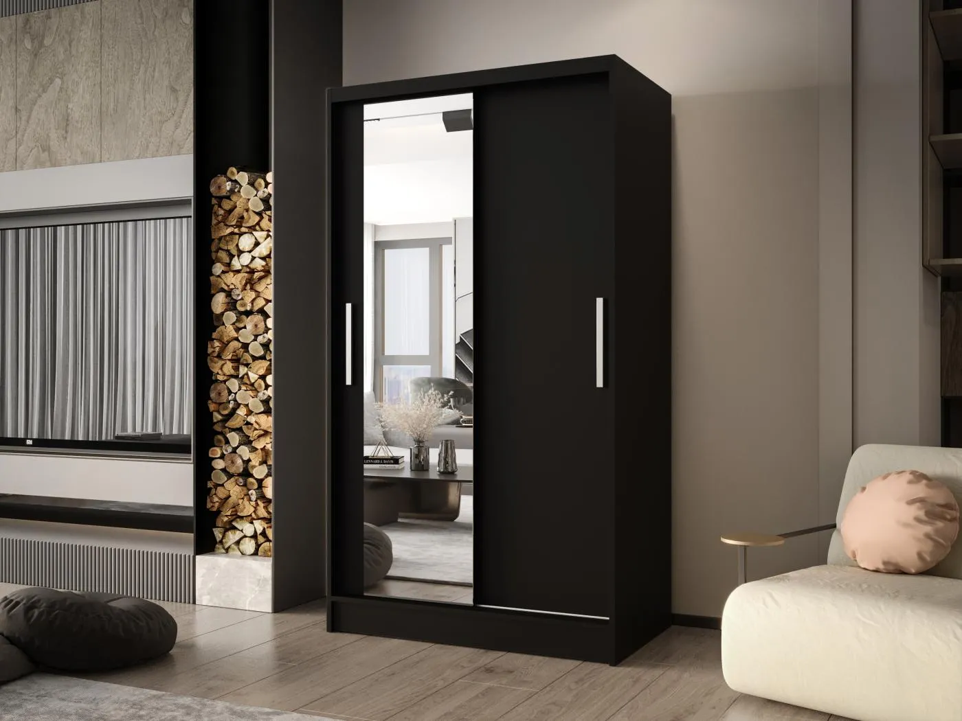 Zweitüriger Schiebeschrank mit Spiegel CHICAGO CA6, Regalböden und Kleiderstange (Schwarz)