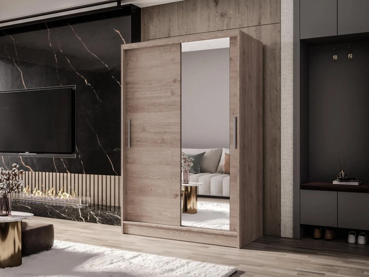 Zweitüriger Schiebeschrank mit Spiegel MESA M6 Truffle mit Regalböden und Kleiderstange