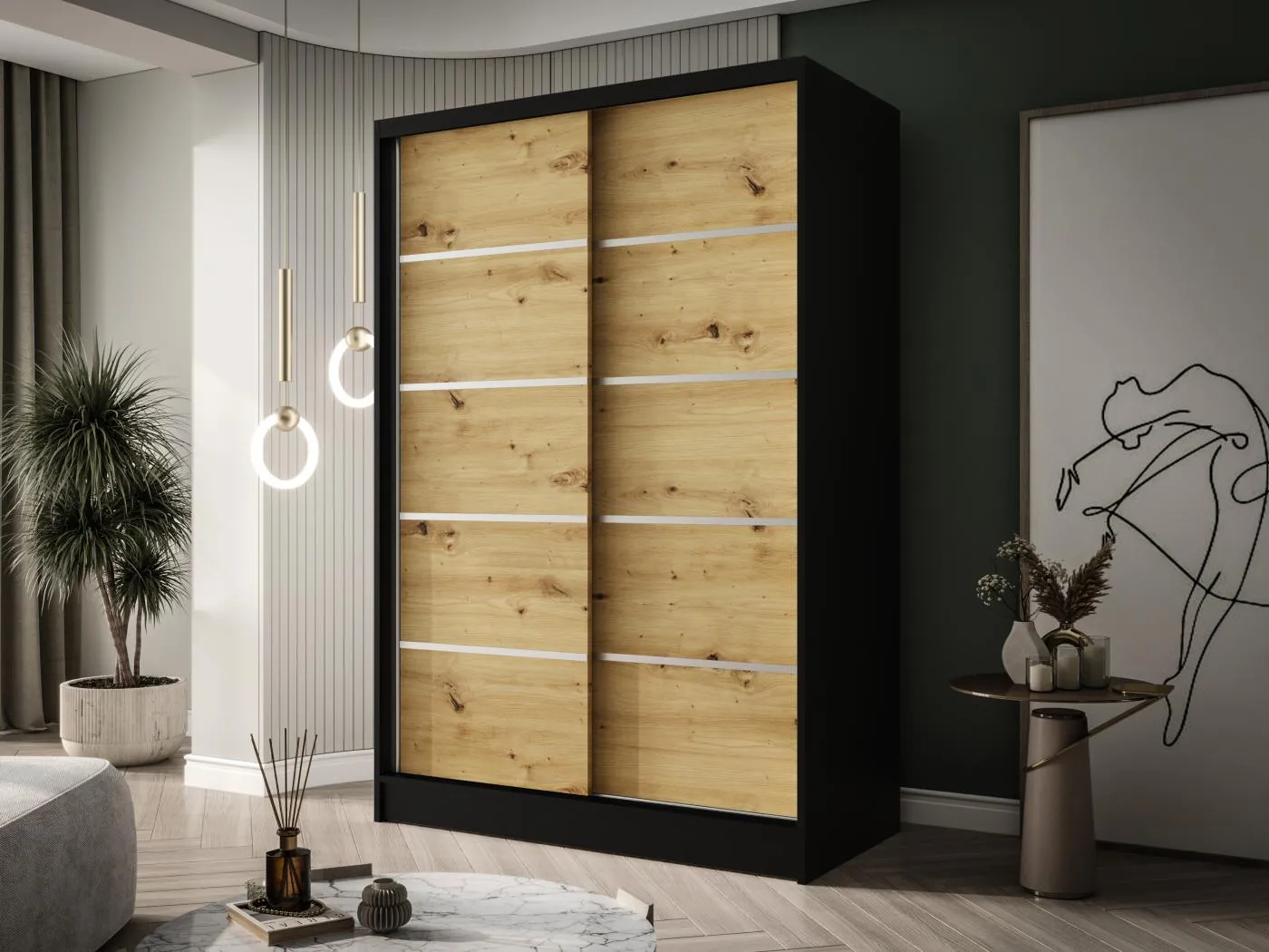 Zweitüriger Schiebeschrank LAUSANNE L4, Regalböden und Kleiderstange (Schwarz/Artisan)