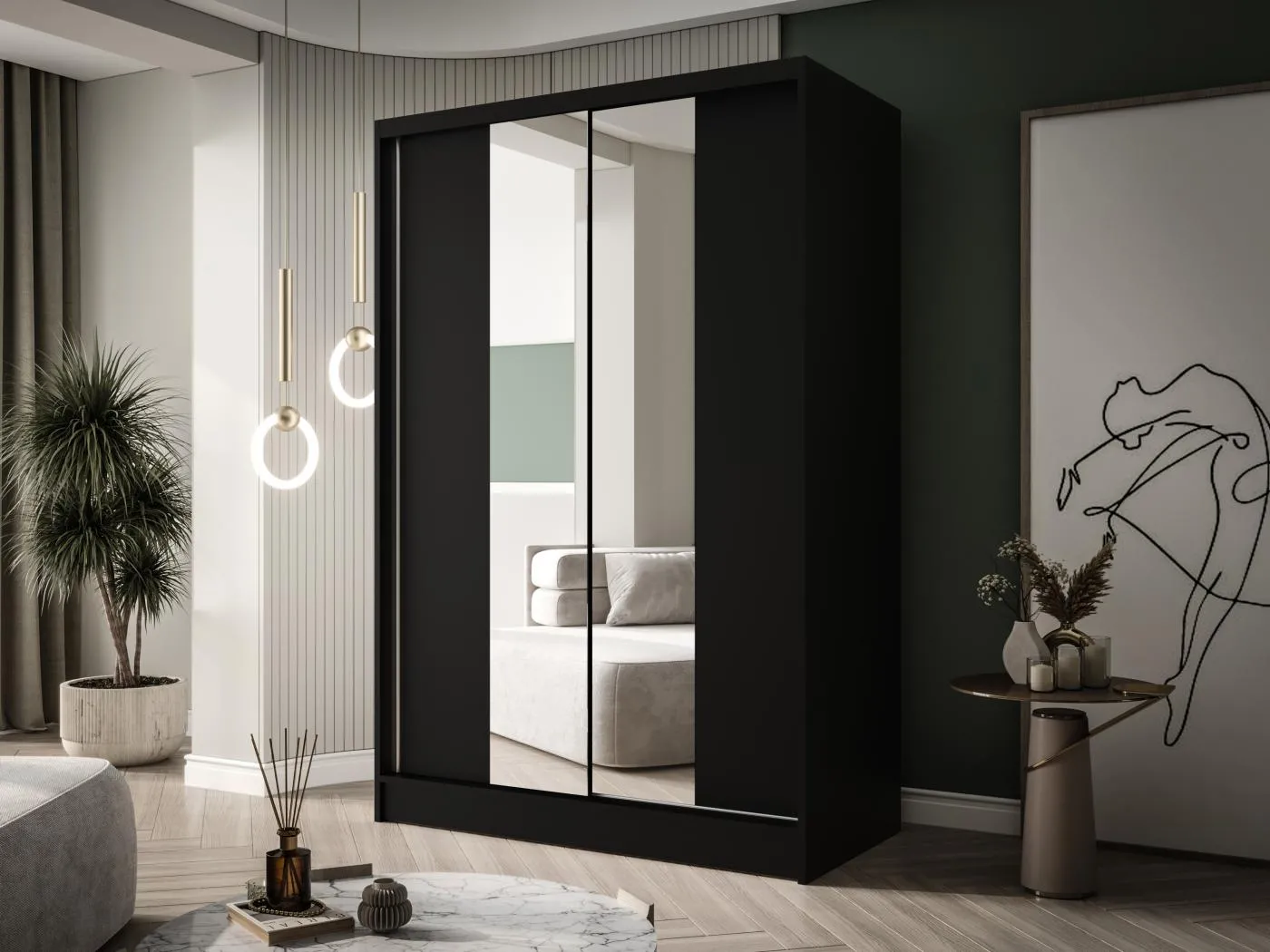 Zweitüriger Schiebeschrank mit Spiegel LAUSANNE L2, Regalböden und Kleiderstange (Schwarz)