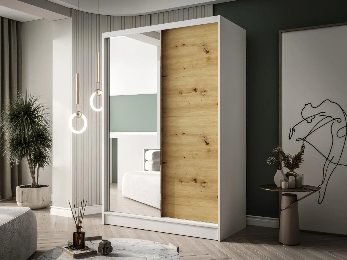 Zweitüriger Schiebeschrank mit Spiegel LAUSANNE L1, Regalböden und Kleiderstange (Weiß/Artisan)