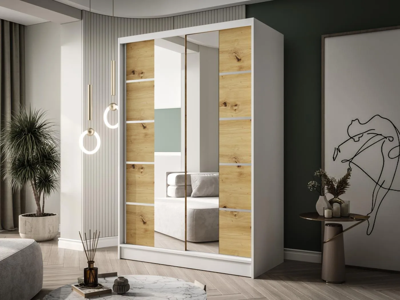 Zweitüriger Schiebeschrank mit Spiegel LAUSANNE L5, Regalböden und Kleiderstange (Weiß/Artisan)