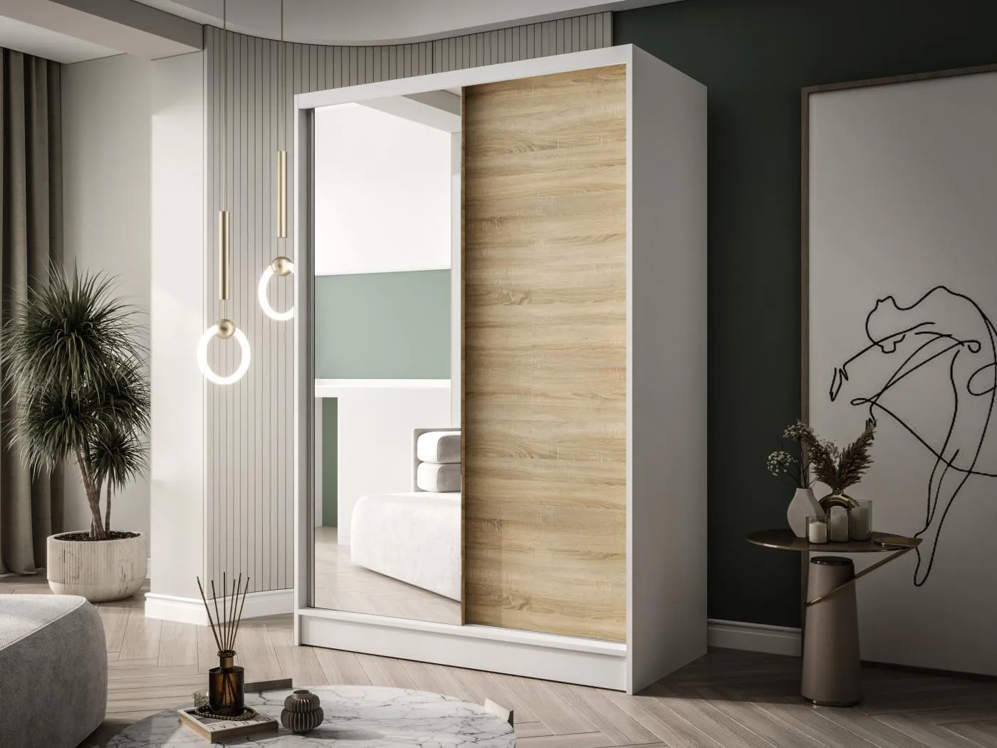 Zweitüriger Schiebeschrank mit Spiegel LAUSANNE L1, Regalböden und Kleiderstange (Weiß/Sonoma)