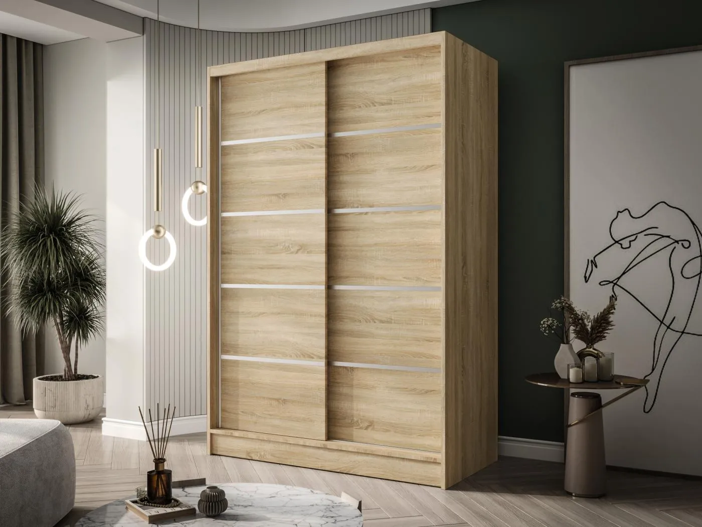 Zweitüriger Schiebeschrank LAUSANNE L4, Regalböden und Kleiderstange (Sonoma)