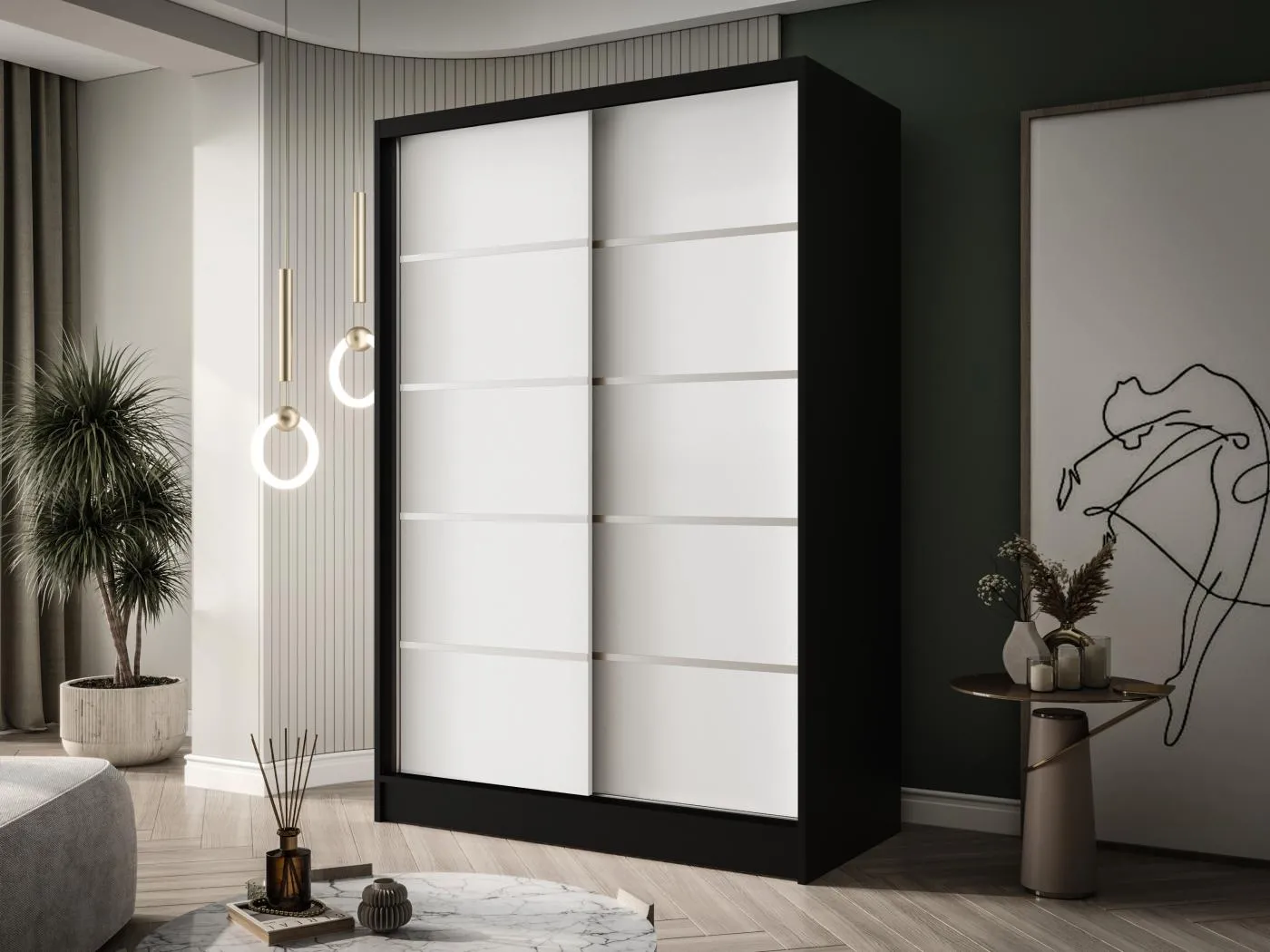 Zweitüriger Schiebeschrank LAUSANNE L4, Regalböden und Kleiderstange (Schwarz/Weiß)