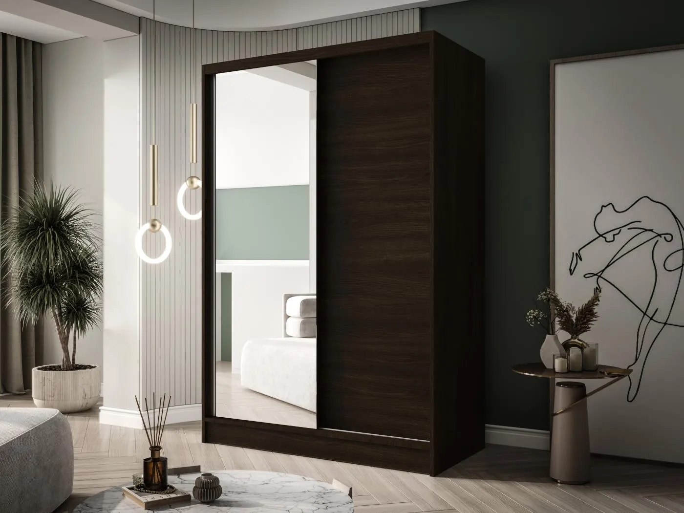 Zweitüriger Schiebeschrank mit Spiegel LAUSANNE L1, Regalböden und Kleiderstange (Choco)