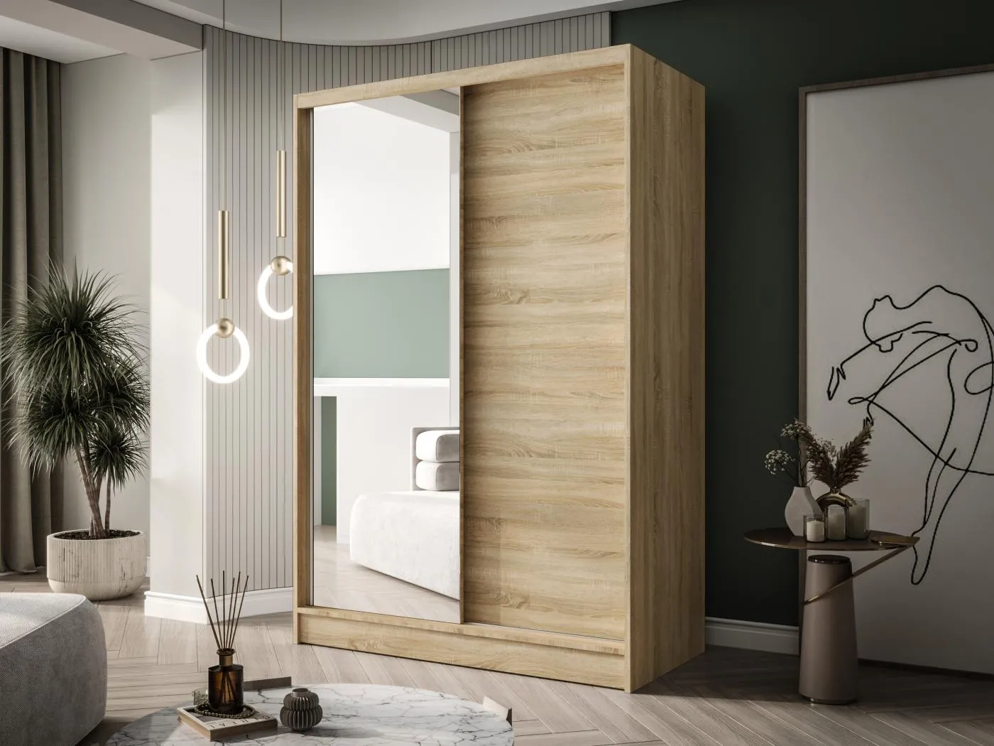 Zweitüriger Schiebeschrank mit Spiegel LAUSANNE L1 , Regalböden und Kleiderstange (Sonoma)