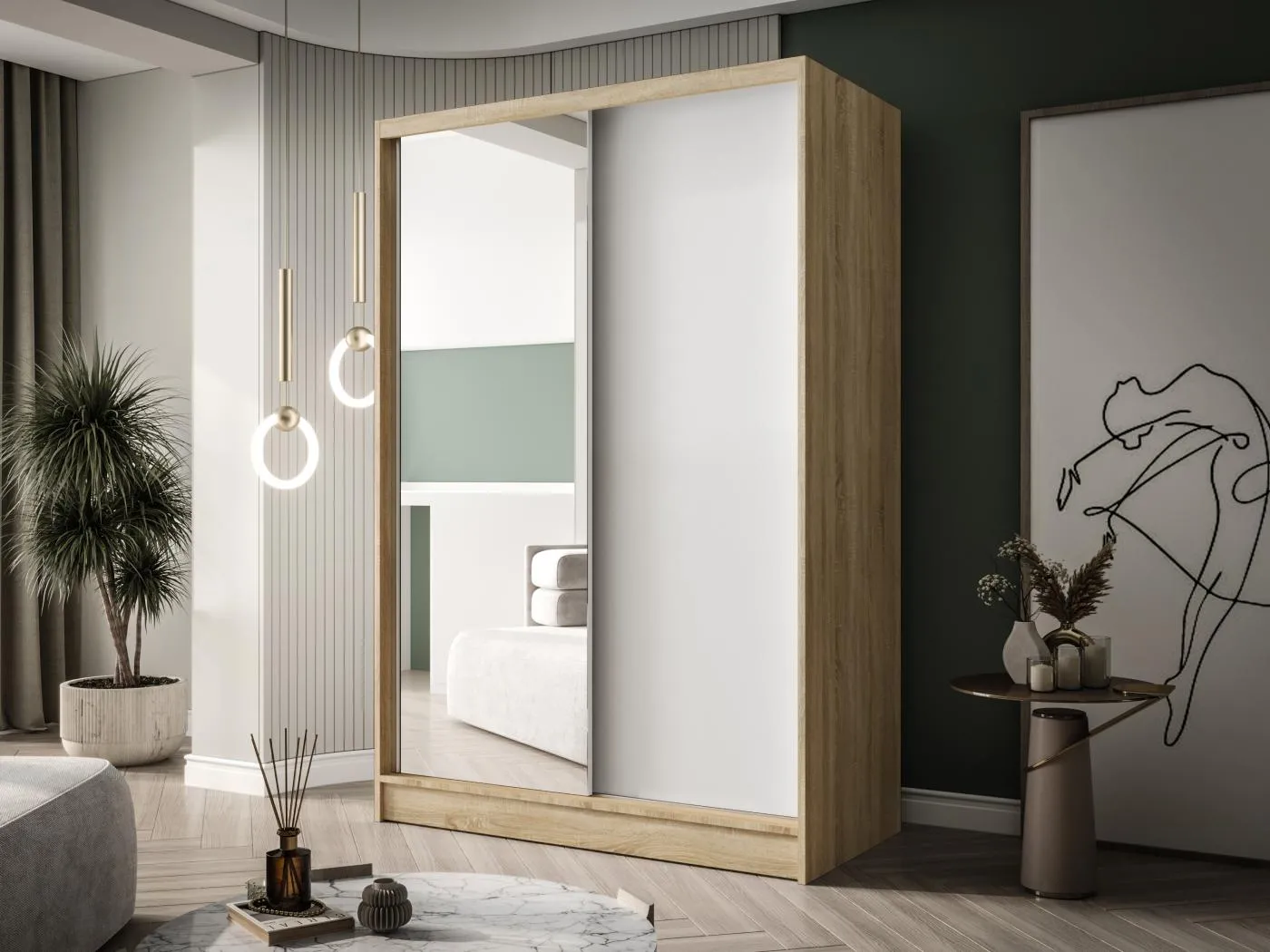 Zweitüriger Schiebeschrank mit Spiegel LAUSANNE L1, Regalböden und Kleiderstange (Sonoma/Weiß)