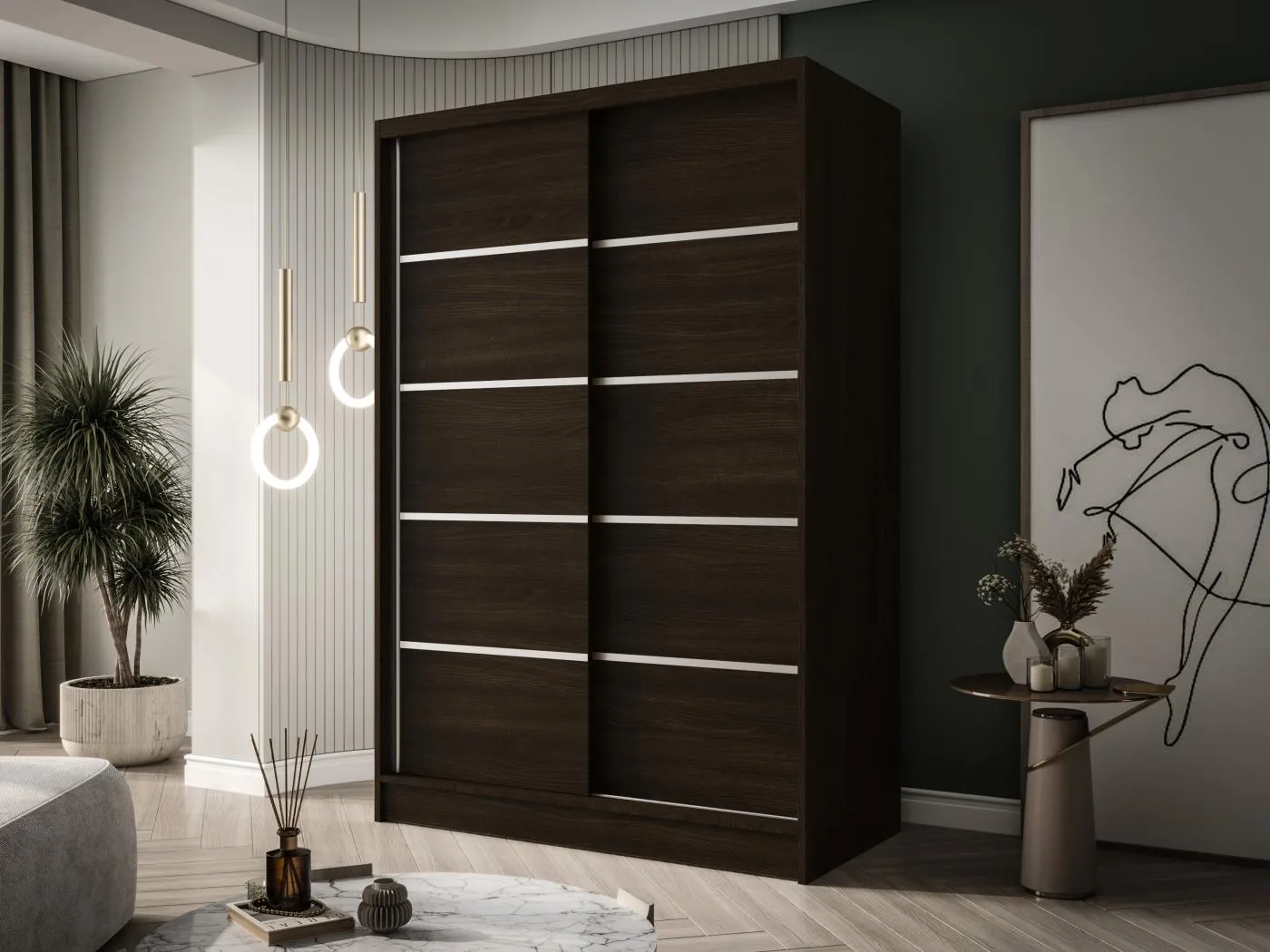 Zweitüriger Schiebeschrank LAUSANNE L4, Regalböden und Kleiderstange (Choco)