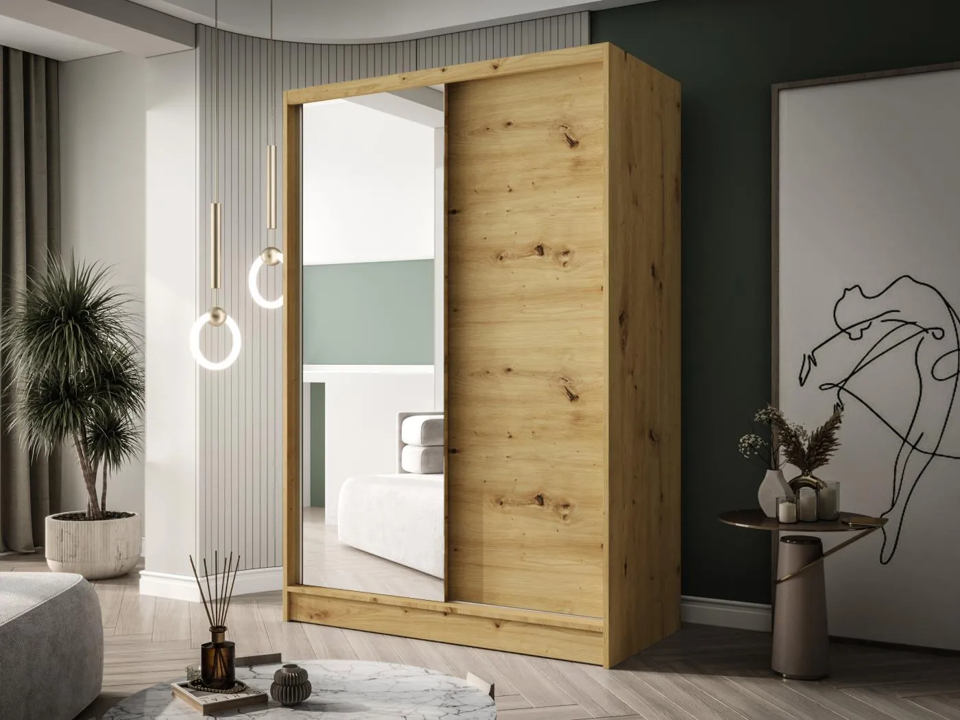 Zweitüriger Schiebeschrank mit Spiegel LAUSANNE L1, Regalböden und Kleiderstange (Artisan)