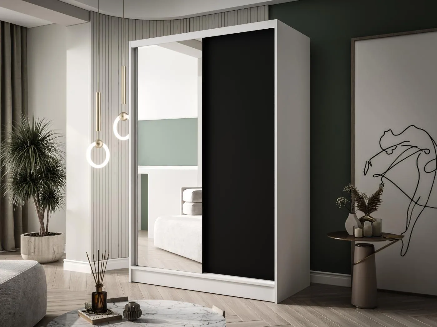 Zweitüriger Schiebeschrank mit Spiegel LAUSANNE L1, Regalböden und Kleiderstange (Weiß/Schwarz)
