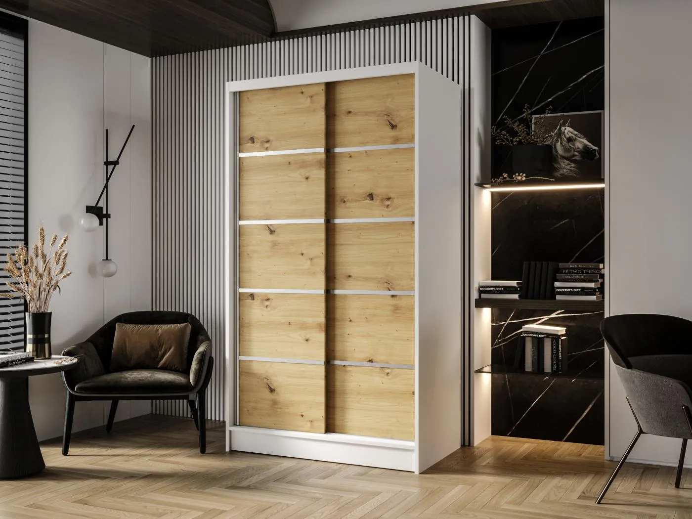 Zweitüriger Schiebeschrank DETROIT D4, Regalböden und Kleiderstange (Weiß/Artisan)