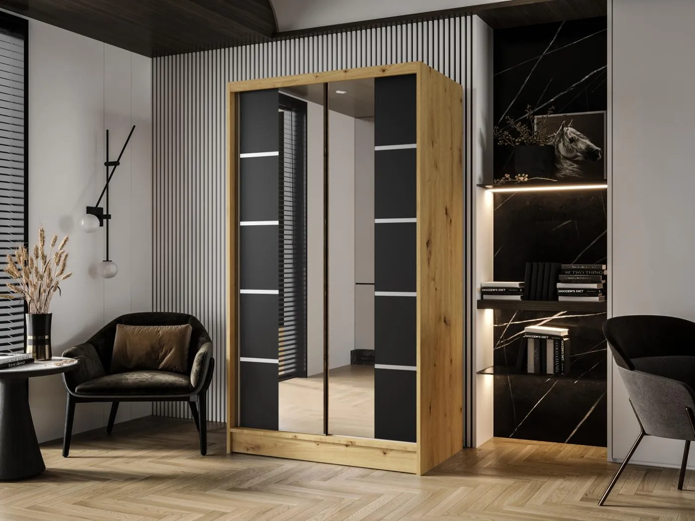 Zweitüriger Schiebeschrank mit Spiegel DETROIT D5, Regalböden und Kleiderstange (Artisan/Schwarz)