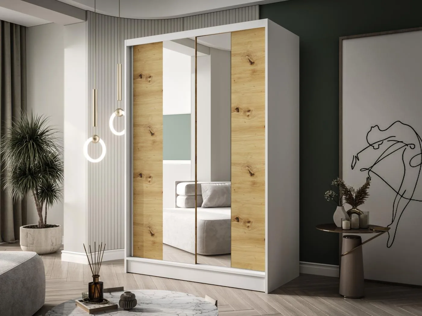 Zweitüriger Schiebeschrank mit Spiegel LAUSANNE L2, Regalböden und Kleiderstange (Weiß/Artisan)