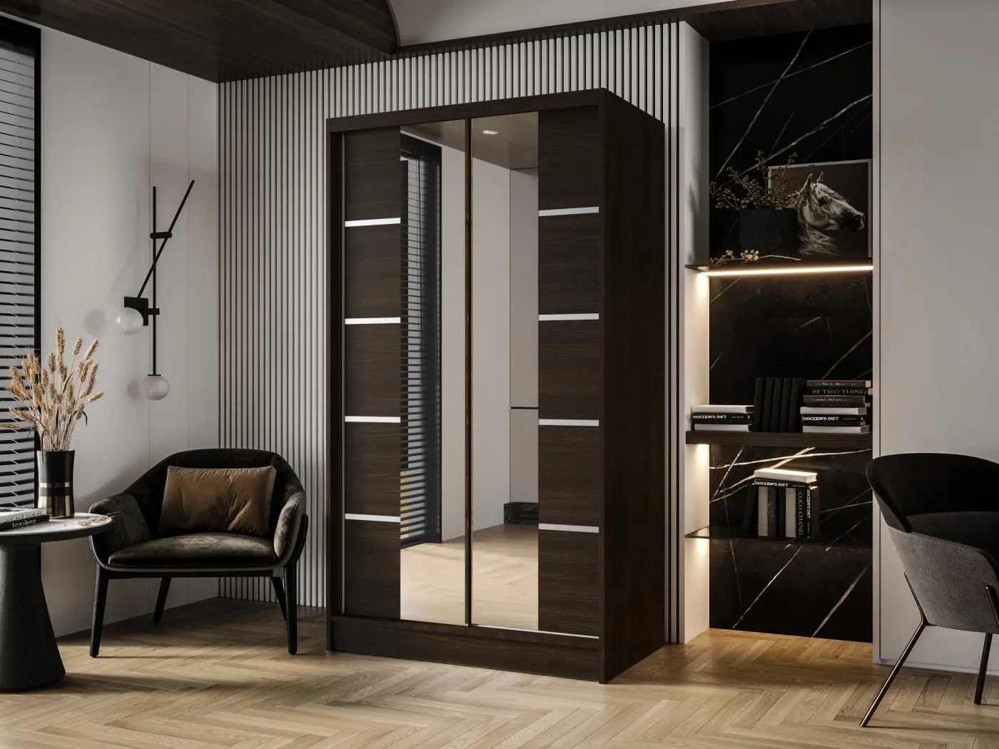 Zweitüriger Schiebeschrank mit Spiegel DETROIT D5, Regalböden und Kleiderstange (Choco)