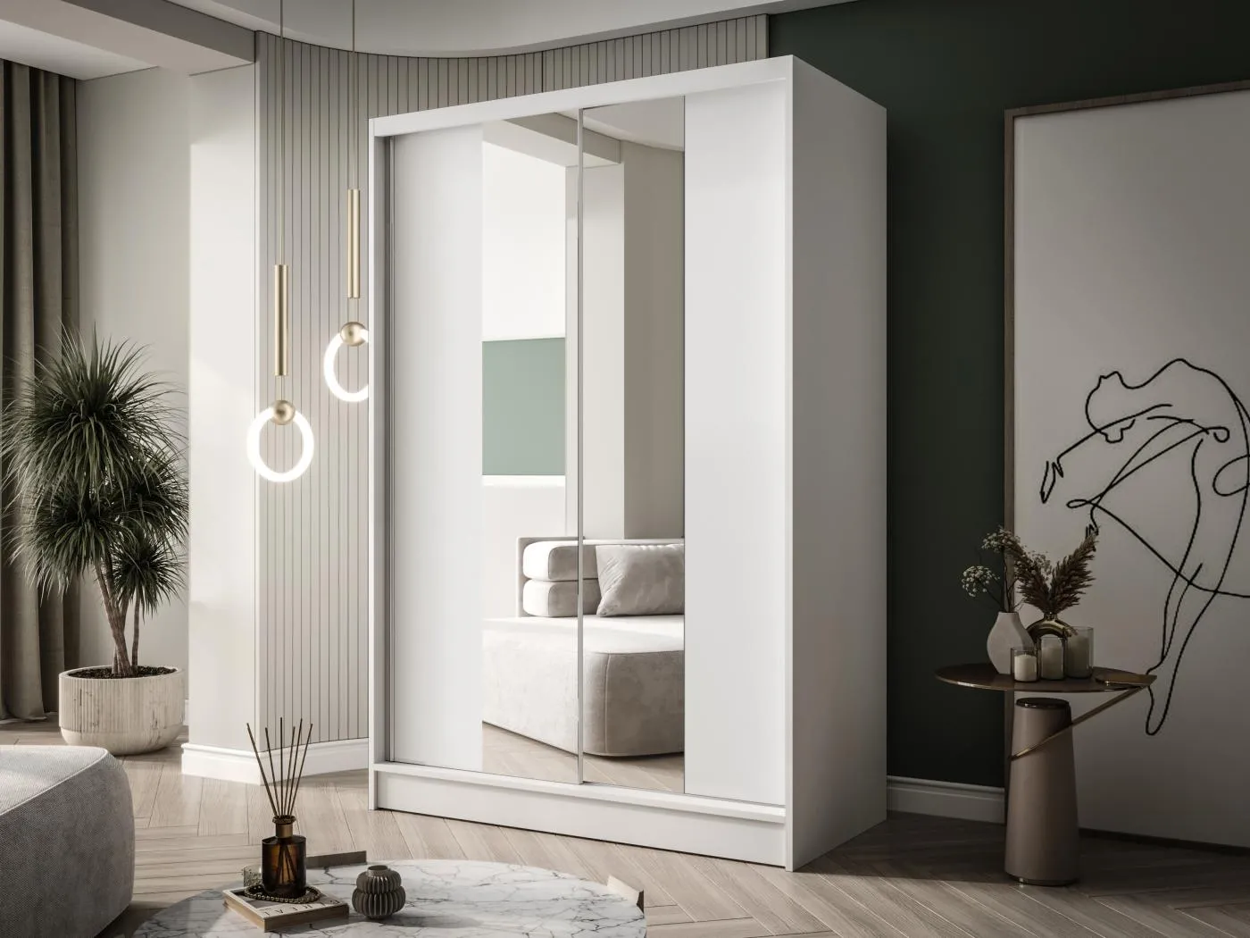 Zweitüriger Schiebeschrank mit Spiegel LAUSANNE L2, Regalböden und Kleiderstange (Weiß)