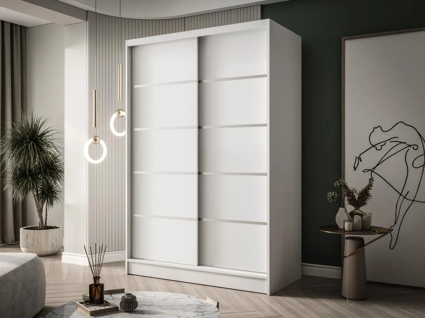 Zweitüriger Schiebeschrank LAUSANNE L4, Regalböden und Kleiderstange (Weiß)