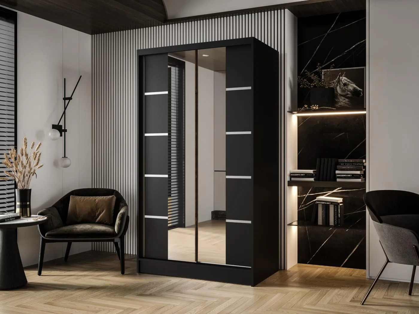 Zweitüriger Schiebeschrank mit Spiegel DETROIT D5, Regalböden und Kleiderstange (Schwarz)