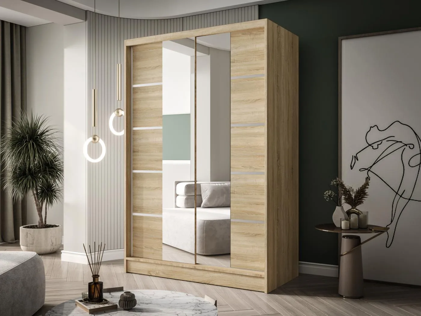 Zweitüriger Schiebeschrank mit Spiegel LAUSANNE L5, Regalböden und Kleiderstange (Sonoma)