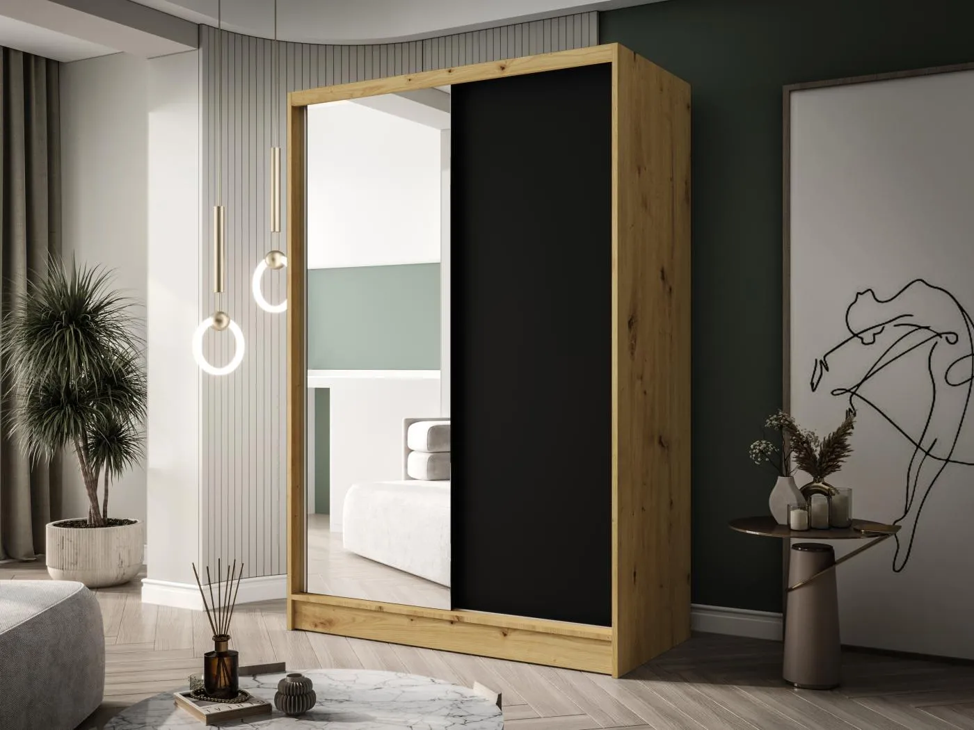 Zweitüriger Schiebeschrank mit Spiegel LAUSANNE L1, Regalböden und Kleiderstange (Artisan/Schwarz)