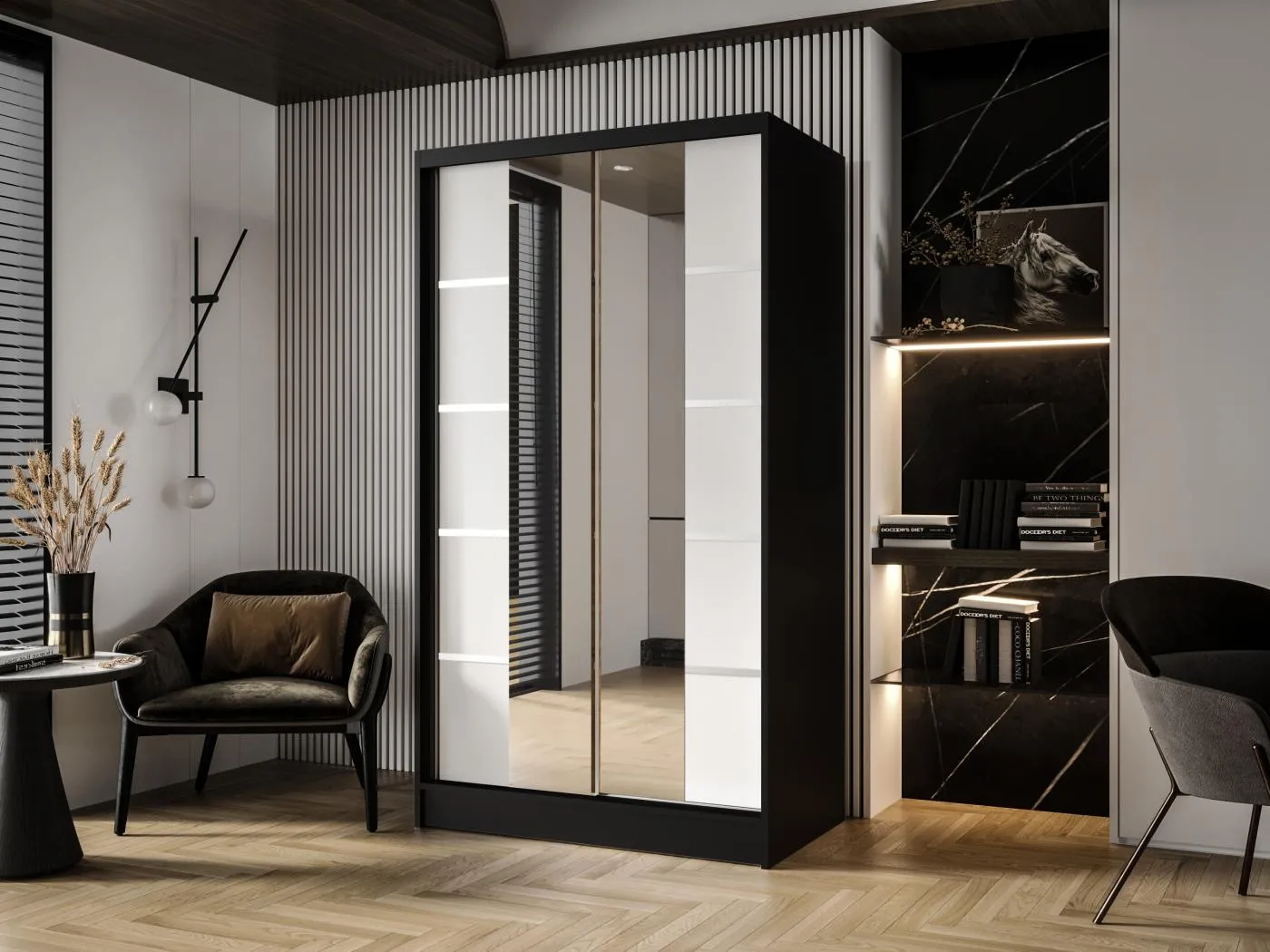 Zweitüriger Schiebeschrank mit Spiegel DETROIT D5, Regalböden und Kleiderstange (Schwarz/Weiß)