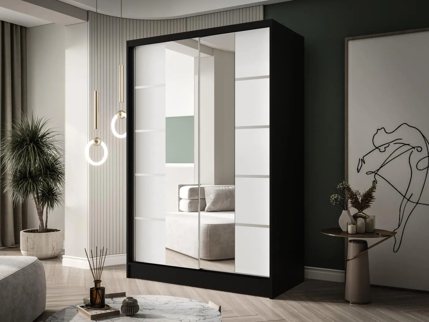 Zweitüriger Schiebeschrank mit Spiegel LAUSANNE L5, Regalböden und Kleiderstange (Schwarz/Weiß)