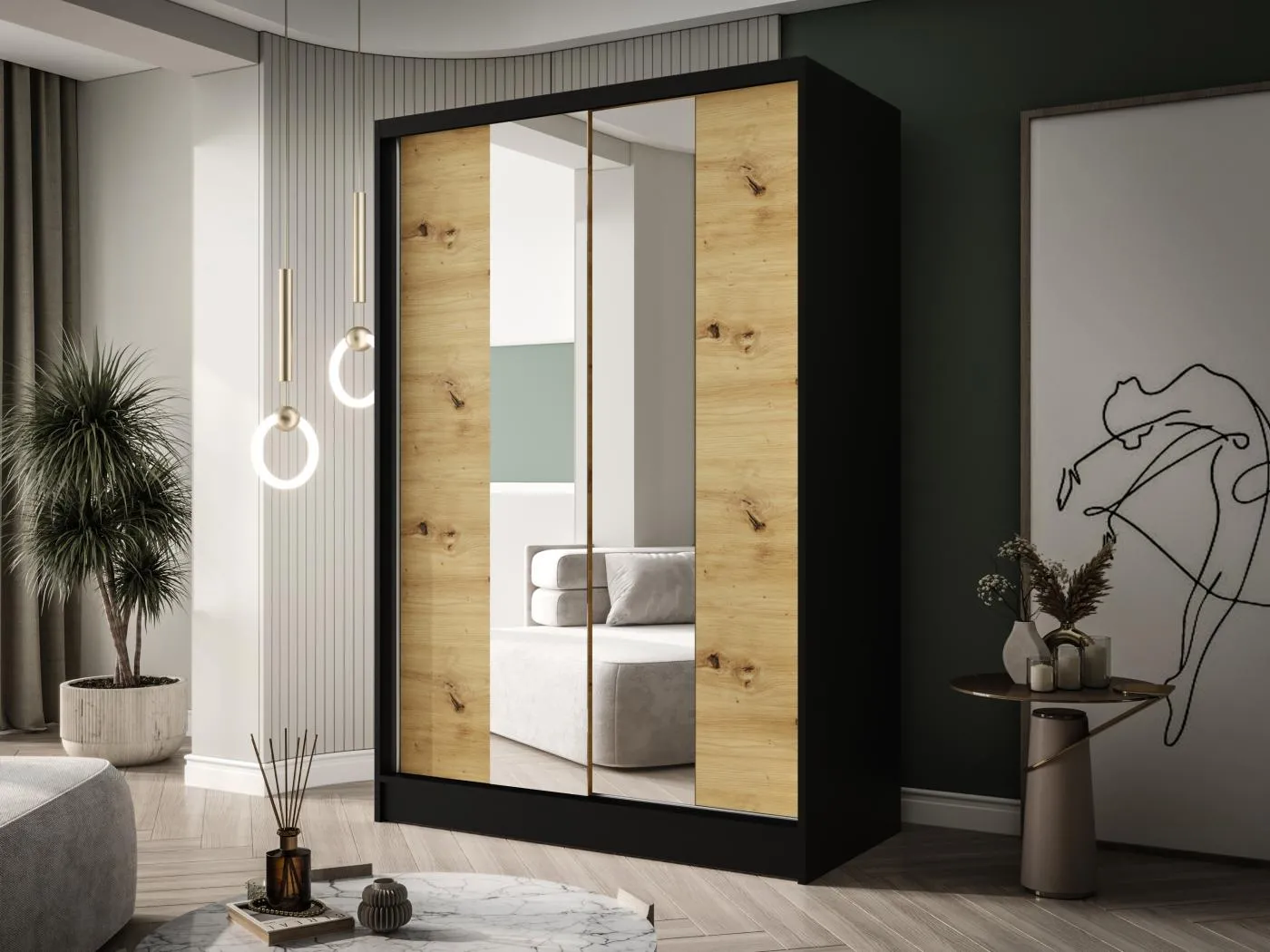 Zweitüriger Schiebeschrank mit Spiegel LAUSANNE L2, Regalböden und Kleiderstange (Schwarz/Artisan)