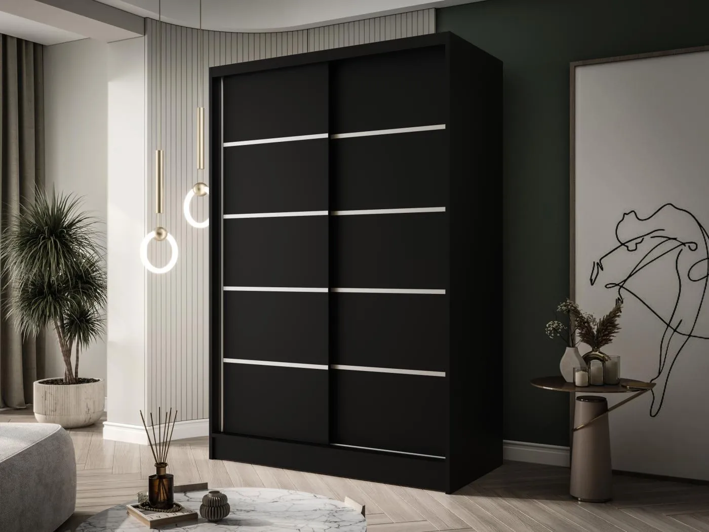 Zweitüriger Schiebeschrank LAUSANNE L4, Regalböden und Kleiderstange (Schwarz)