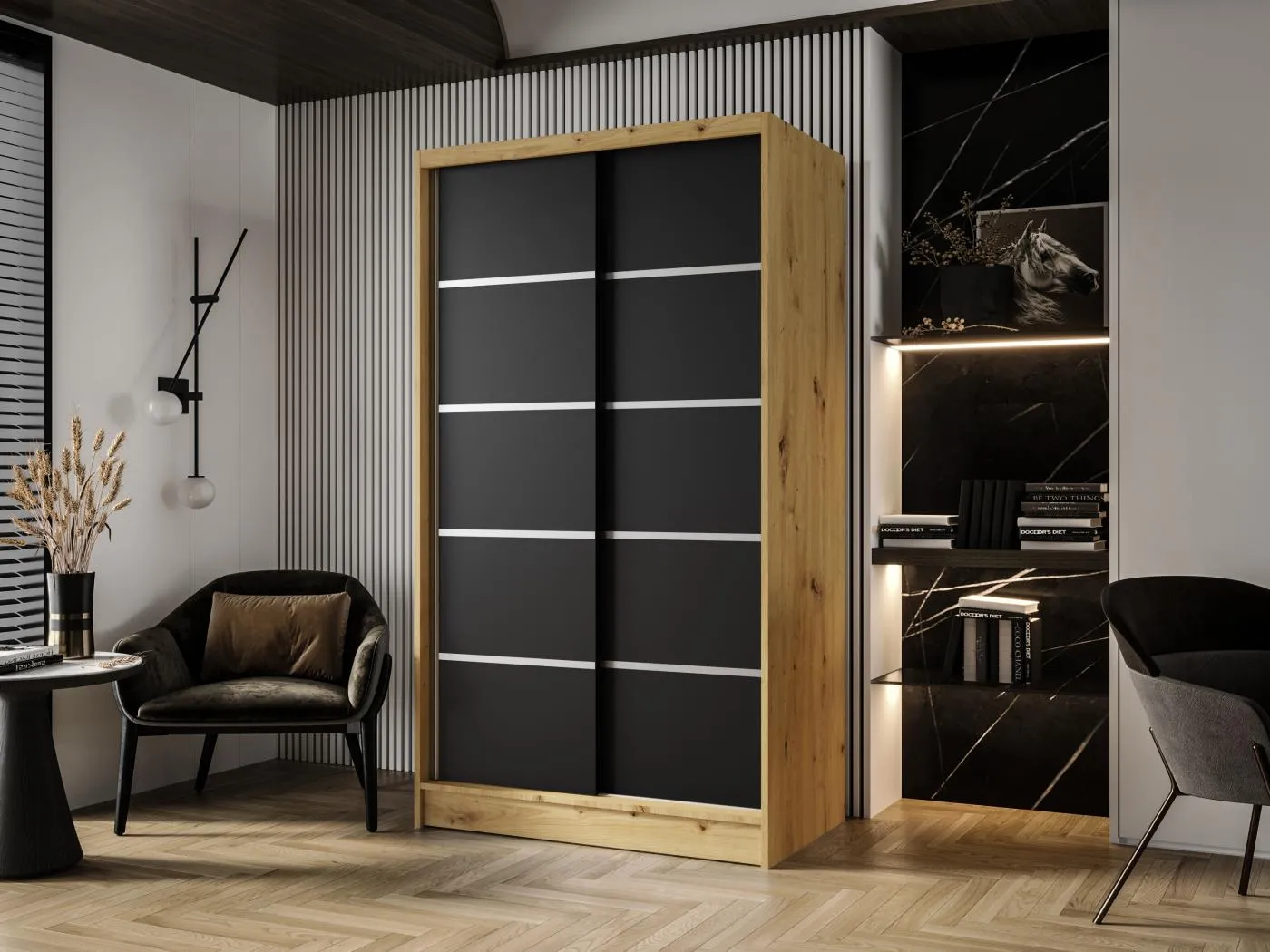 Zweitüriger Schiebeschrank DETROIT D4, Regalböden und Kleiderstange (Artisan/Schwarz)